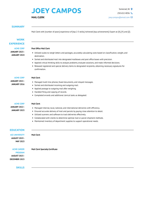 Mail Clerk Resume Sample and Template