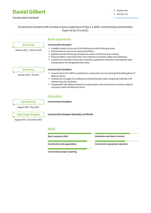 Construction Assistant Resume Sample and Template