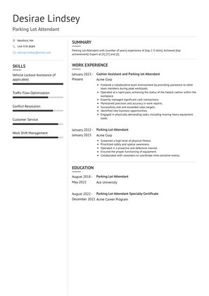 Parking Lot Attendant Resume Sample and Template