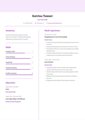 Law Internship Resume Sample and Template