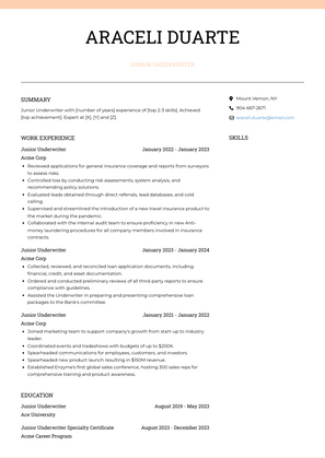 Junior Underwriter Resume Sample and Template