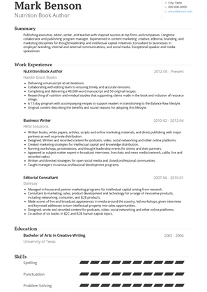 Nutrition Book Author Resume Sample and Template
