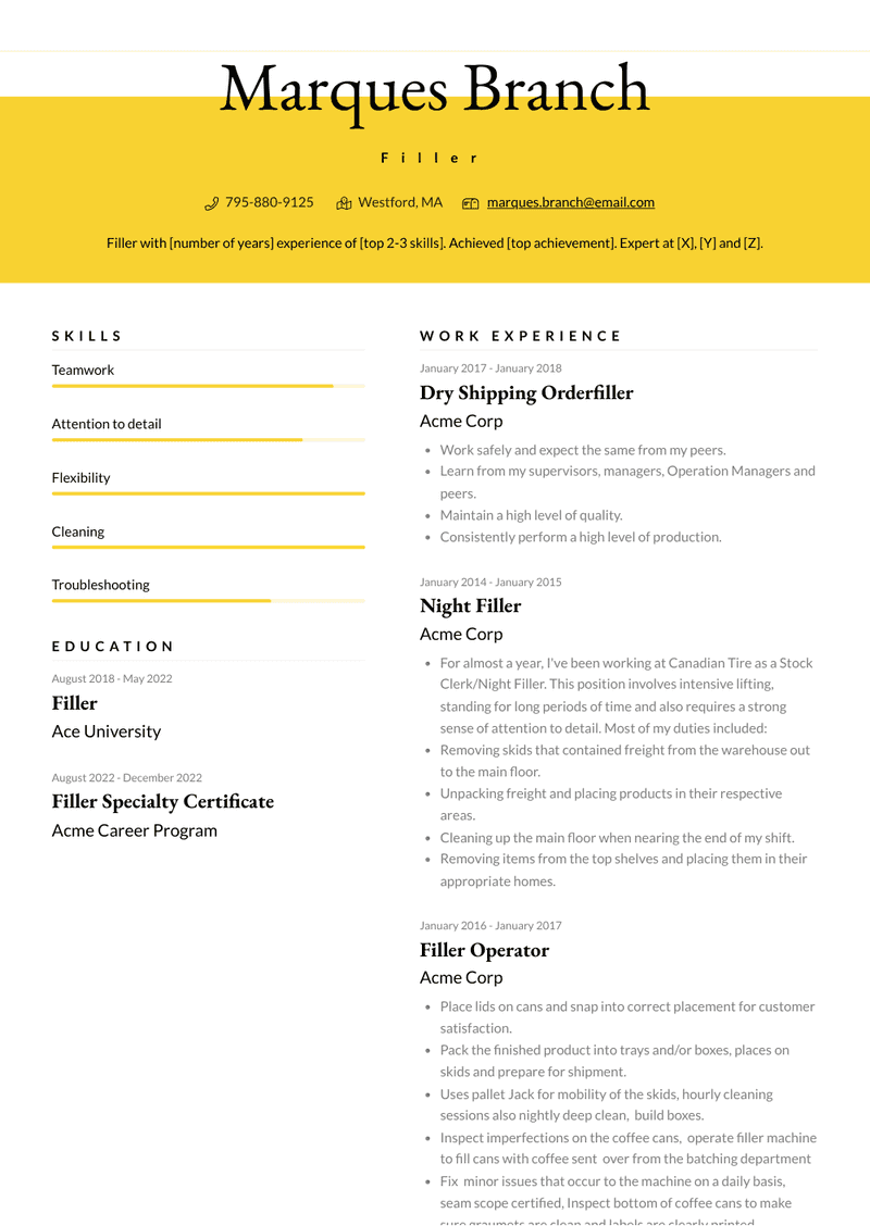 Filler Resume Sample and Template