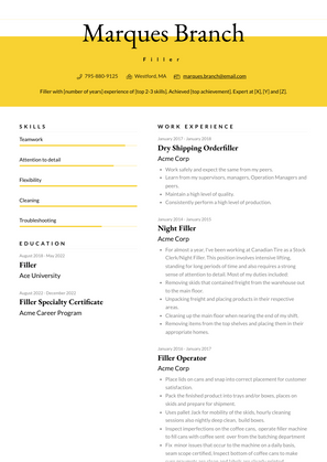Filler Resume Sample and Template