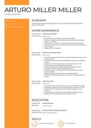 Intake Specialist Resume Sample and Template