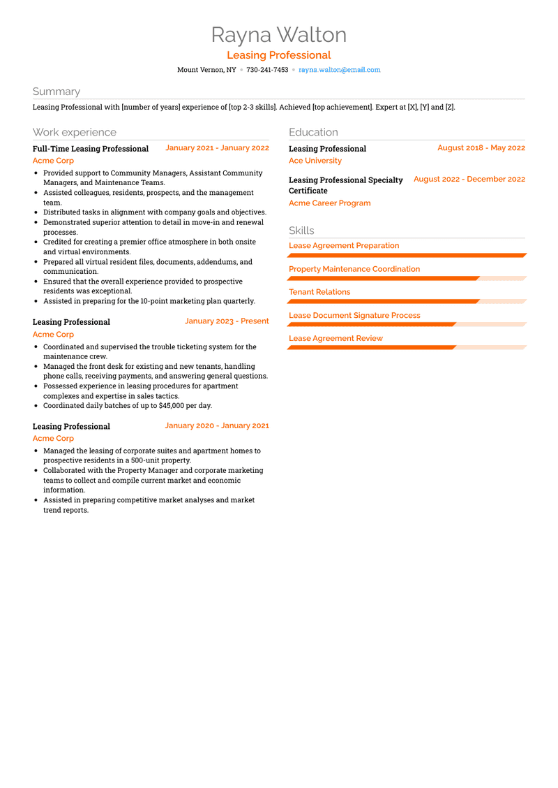 Leasing Professional Resume Sample and Template