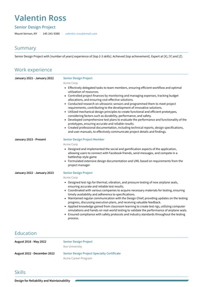 Senior Design Project Resume Sample and Template