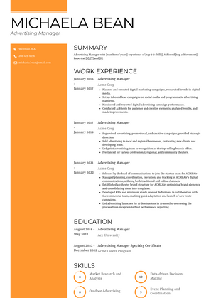 Advertising Manager Resume Sample and Template