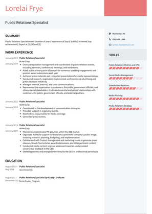 Public Relations Specialist Resume Sample and Template