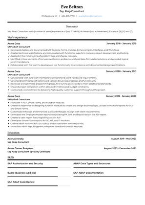 Sap Abap Consultant Resume Sample and Template