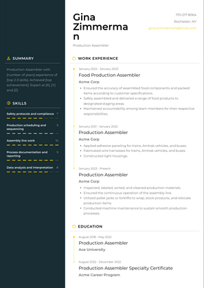 Production Assembler Resume Sample and Template