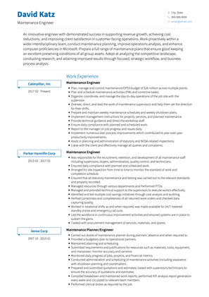 Senior Maintenance Engineer CV Example and Template