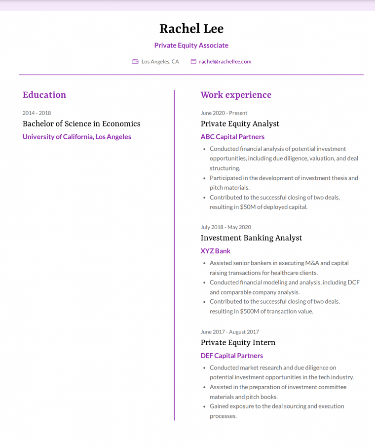 Private Equity Associate Resume Example
