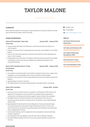 Senior Sap Consultant Resume Sample and Template