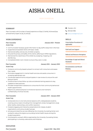 Peer Counselor Resume Sample and Template
