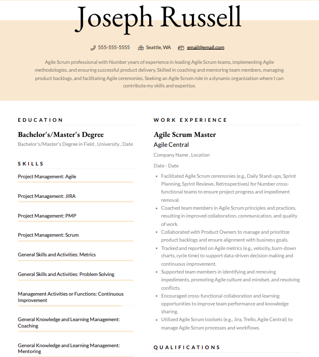 agile scrum master resume example