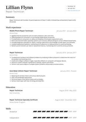 Repair Technician Resume Sample and Template