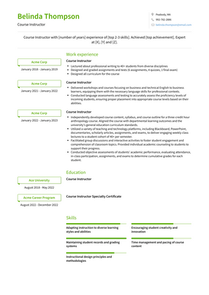 Course Instructor Resume Sample and Template