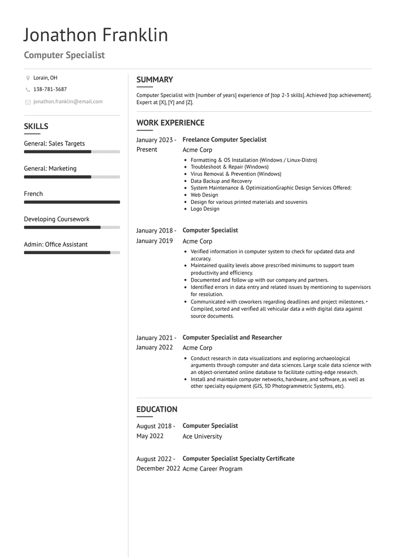 Computer Specialist Resume Sample and Template