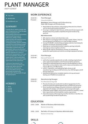 Plant Manager Resume Sample and Template