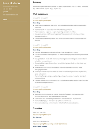 Housekeeping Manager Resume Sample and Template