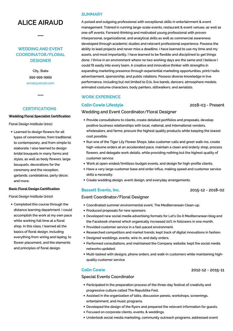 Event Coordinator CV Example and Template