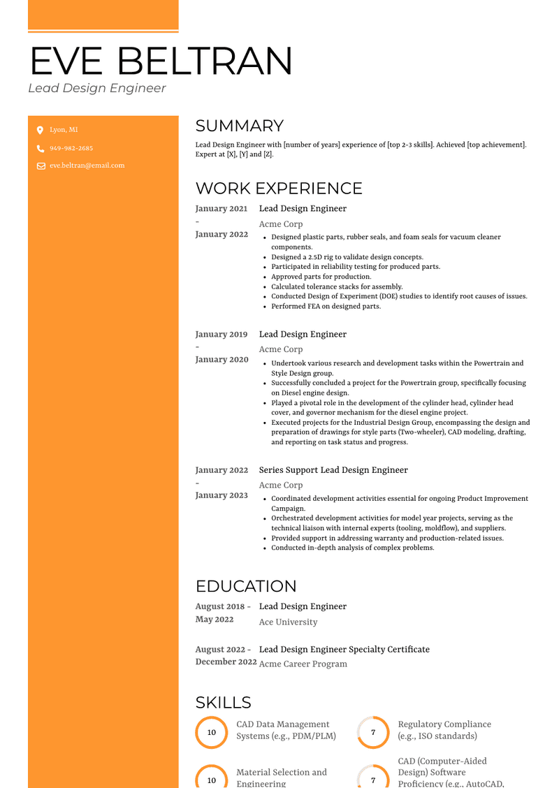 Lead Design Engineer Resume Sample and Template