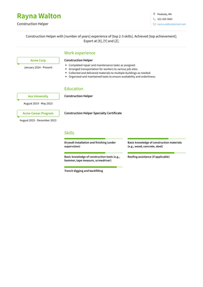Construction Helper Resume Sample and Template