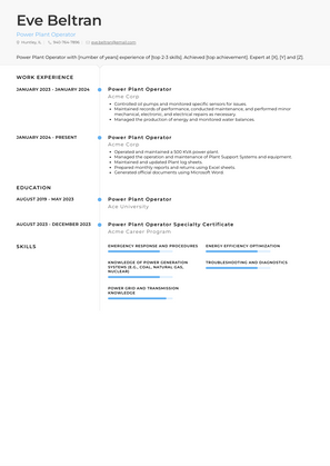 Power Plant Operator Resume Sample and Template