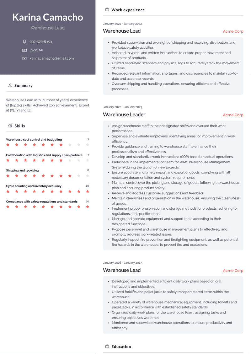 Warehouse Lead Resume Sample and Template