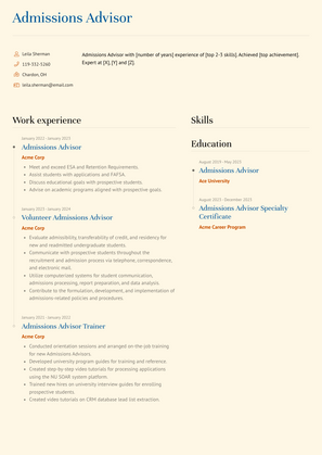 Admissions Advisor Resume Sample and Template