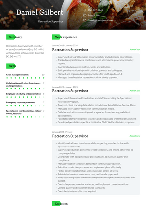 Recreation Supervisor Resume Sample and Template