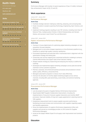 Performance Manager Resume Sample and Template