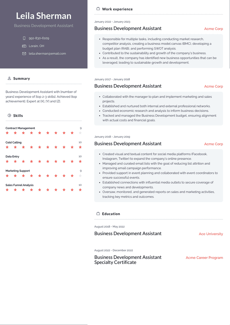 Business Development Assistant Resume Sample and Template