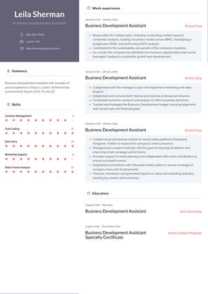 Business Development Assistant Resume Sample and Template