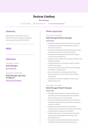 Bank Manager Resume Sample and Template