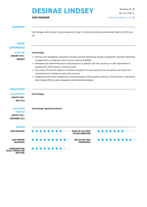 Cash Manager Resume Sample and Template