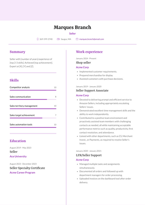Seller Resume Sample and Template