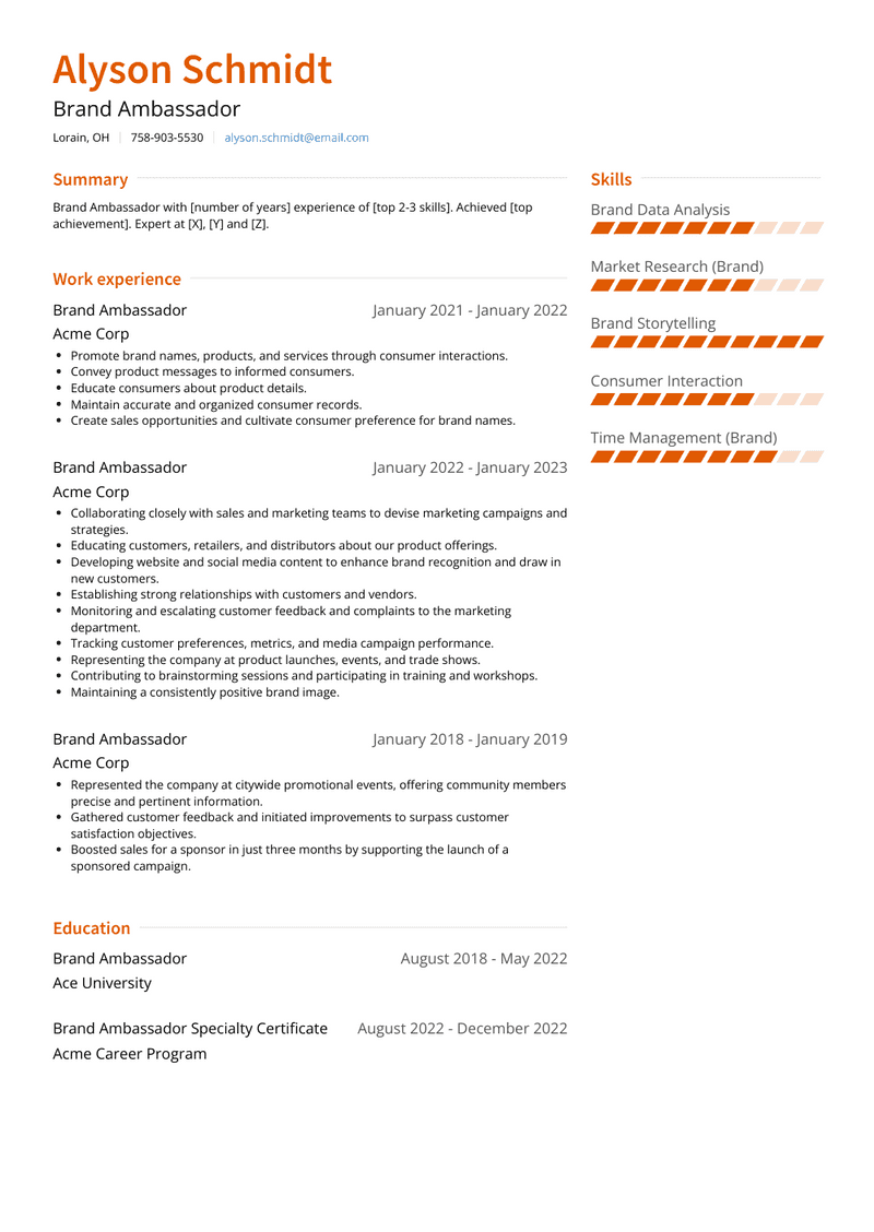 Brand Ambassador Resume Sample and Template