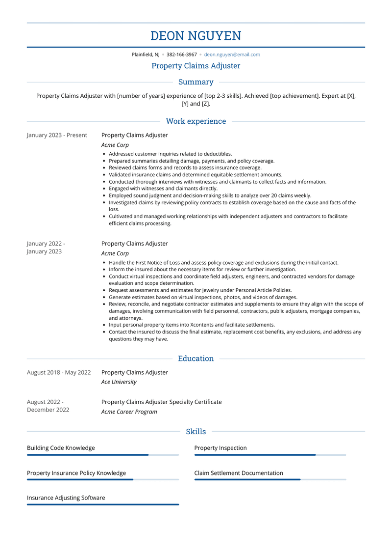 Property Claims Adjuster Resume Sample and Template
