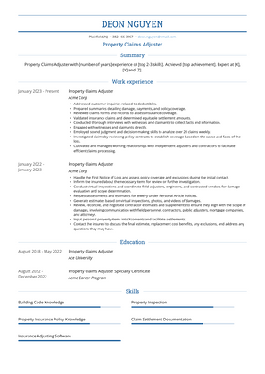 Property Claims Adjuster Resume Sample and Template