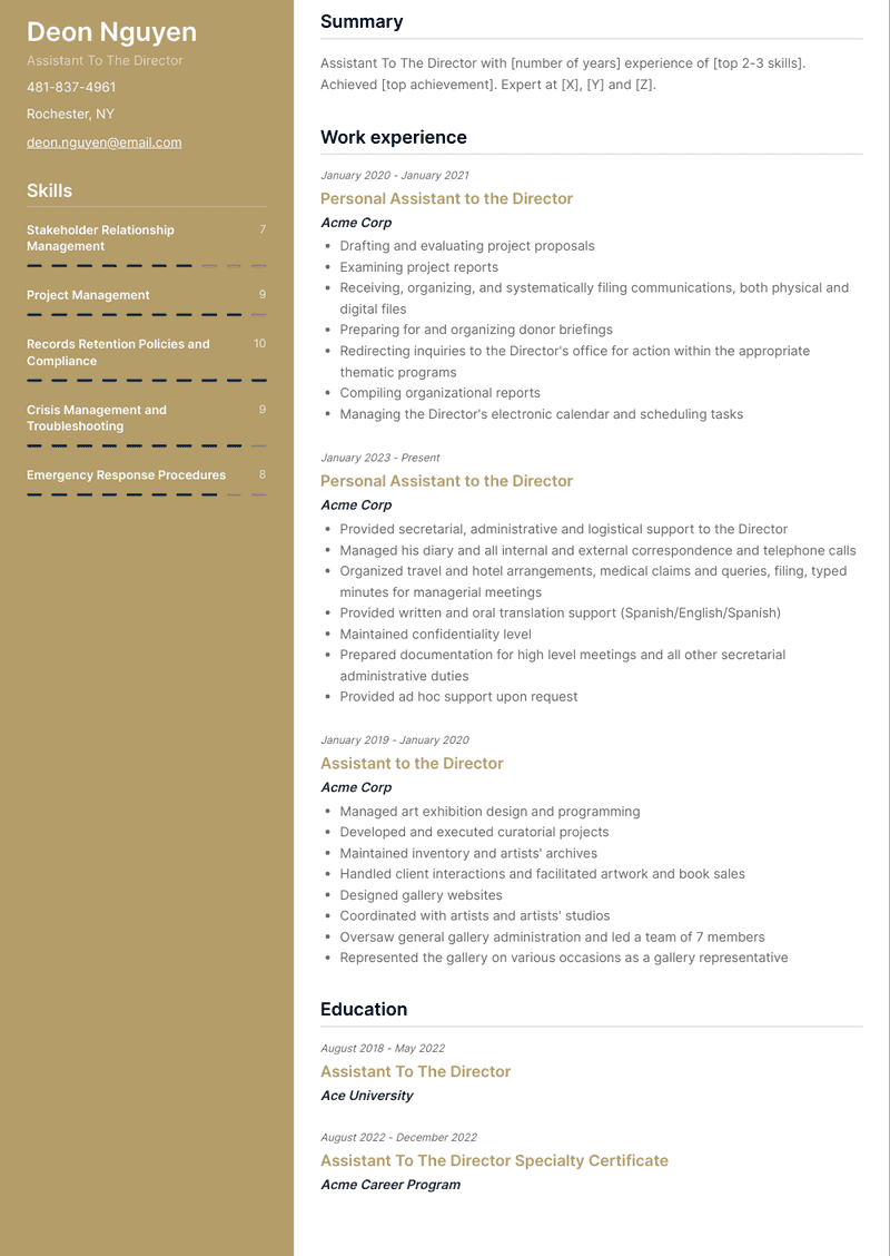 Assistant To The Director Resume Sample and Template