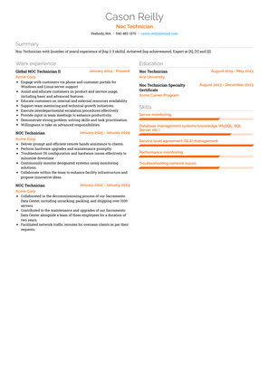 Noc Technician Resume Sample and Template