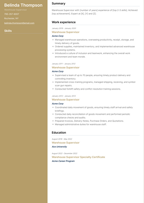 Warehouse Supervisor Resume Sample and Template