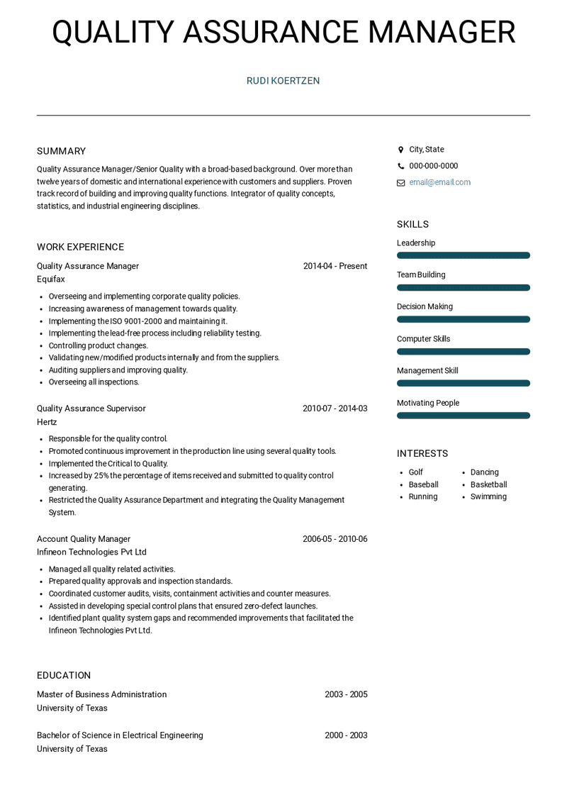 Quality Assurance Manager Resume Sample and Template
