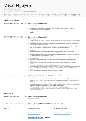 Sales Support Specialist Resume Sample and Template