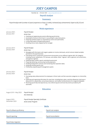 Payroll Analyst Resume Sample and Template