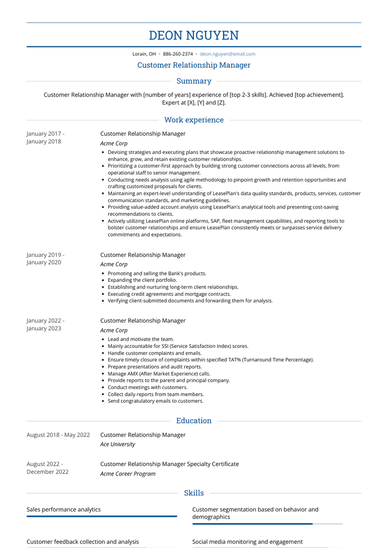 Customer Relationship Manager Resume Sample and Template