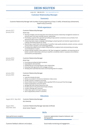 Customer Relationship Manager Resume Sample and Template