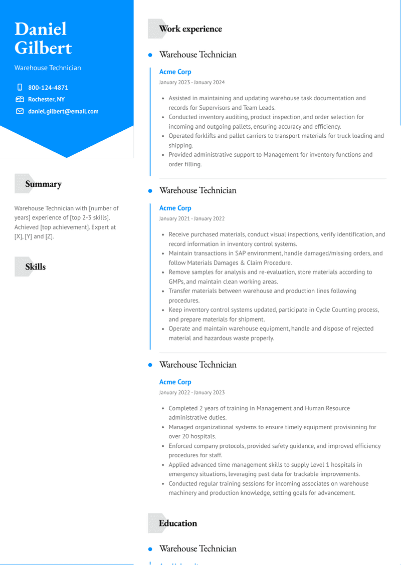 Warehouse Technician Resume Sample and Template